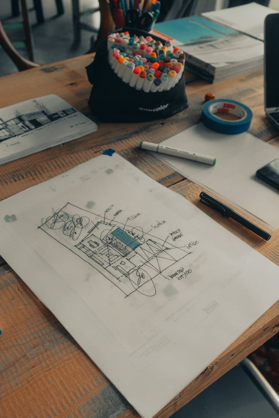 Architektur-Blaupause und Kunstbedarf auf einem Holztisch.